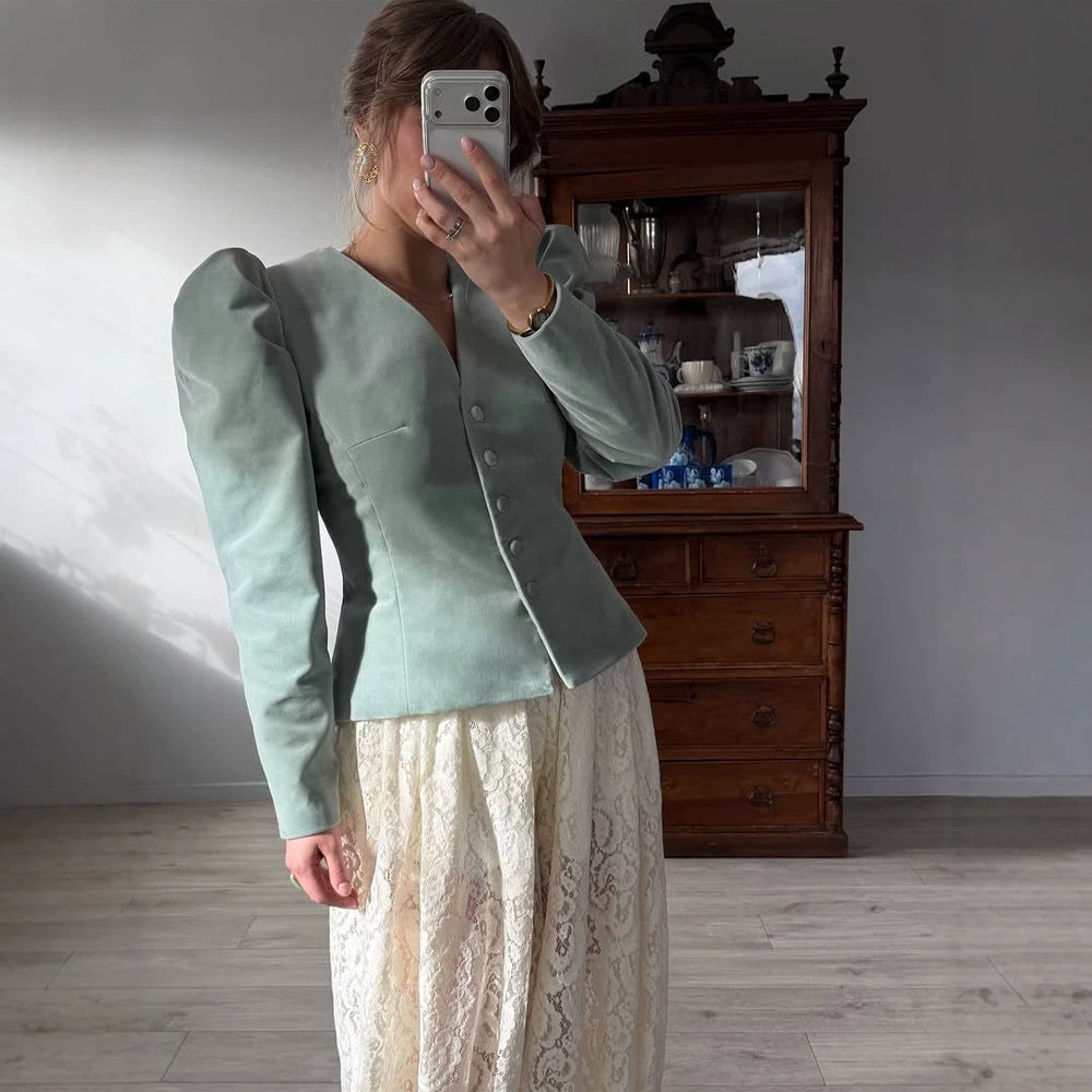 Damen Taillierter Samtblazer mit betonter Taille, V-Ausschnitt und voluminösen Puffärmeln Echoarchiv