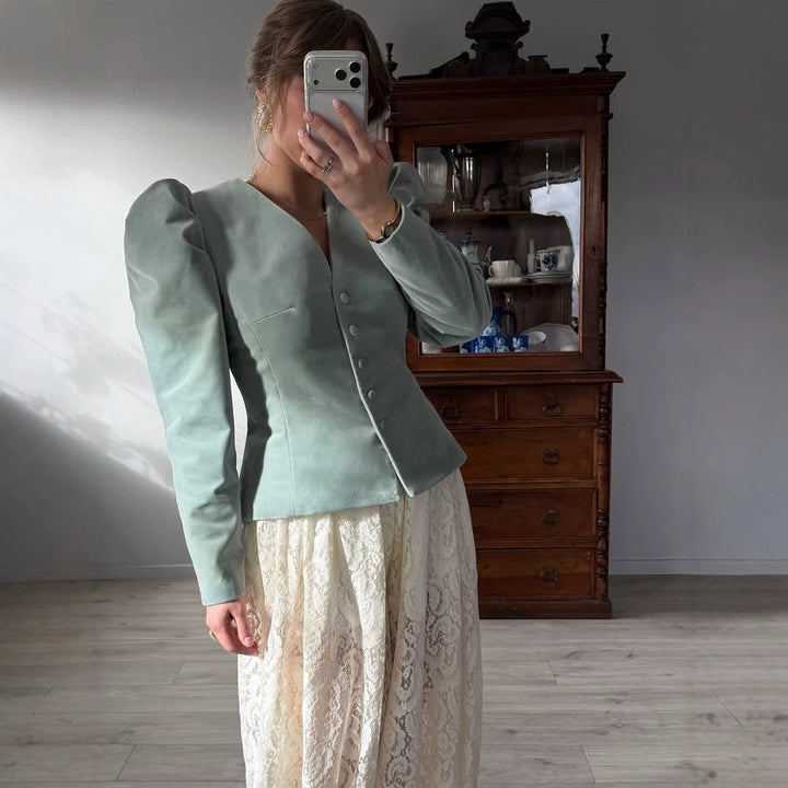 Damen Taillierter Samtblazer mit betonter Taille, V-Ausschnitt und voluminösen Puffärmeln Echoarchiv