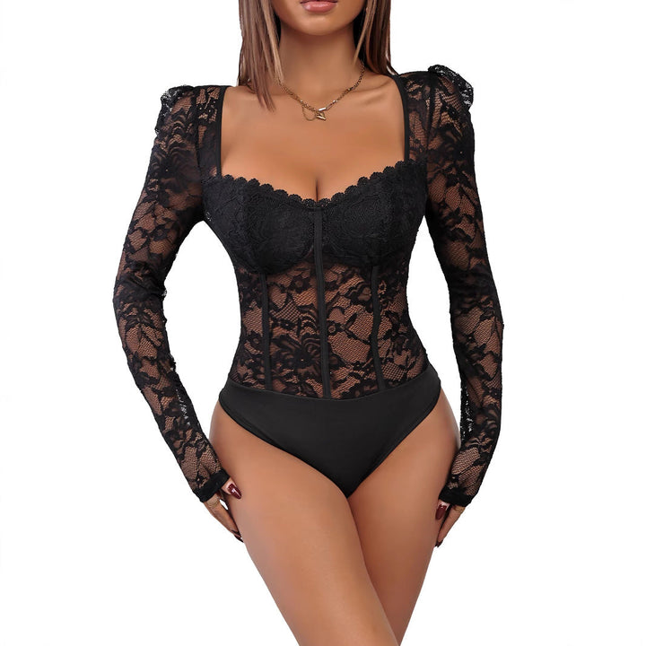 Damen Figurformender Spitzen-Bustierbody mit Korsettnähten und langen Transparenteärmeln Echoarchiv