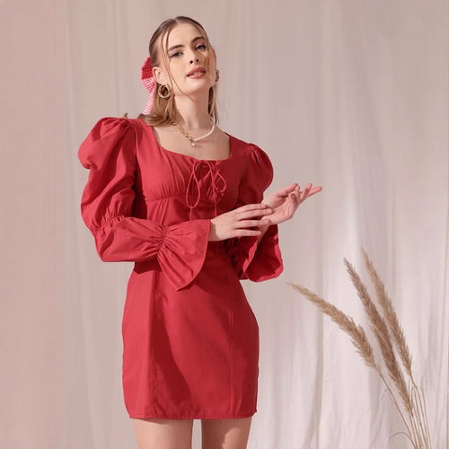 Damen Puffärmeliges Mini-Kleid mit eckigem Ausschnitt, Kordel-Bustier und Glockenärmeln – Élara