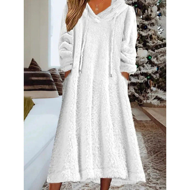 Damen Maxikleid aus Teddy-Fleece mit Kapuze, V-Ausschnitt und Eingrifftaschen Echo Archiv