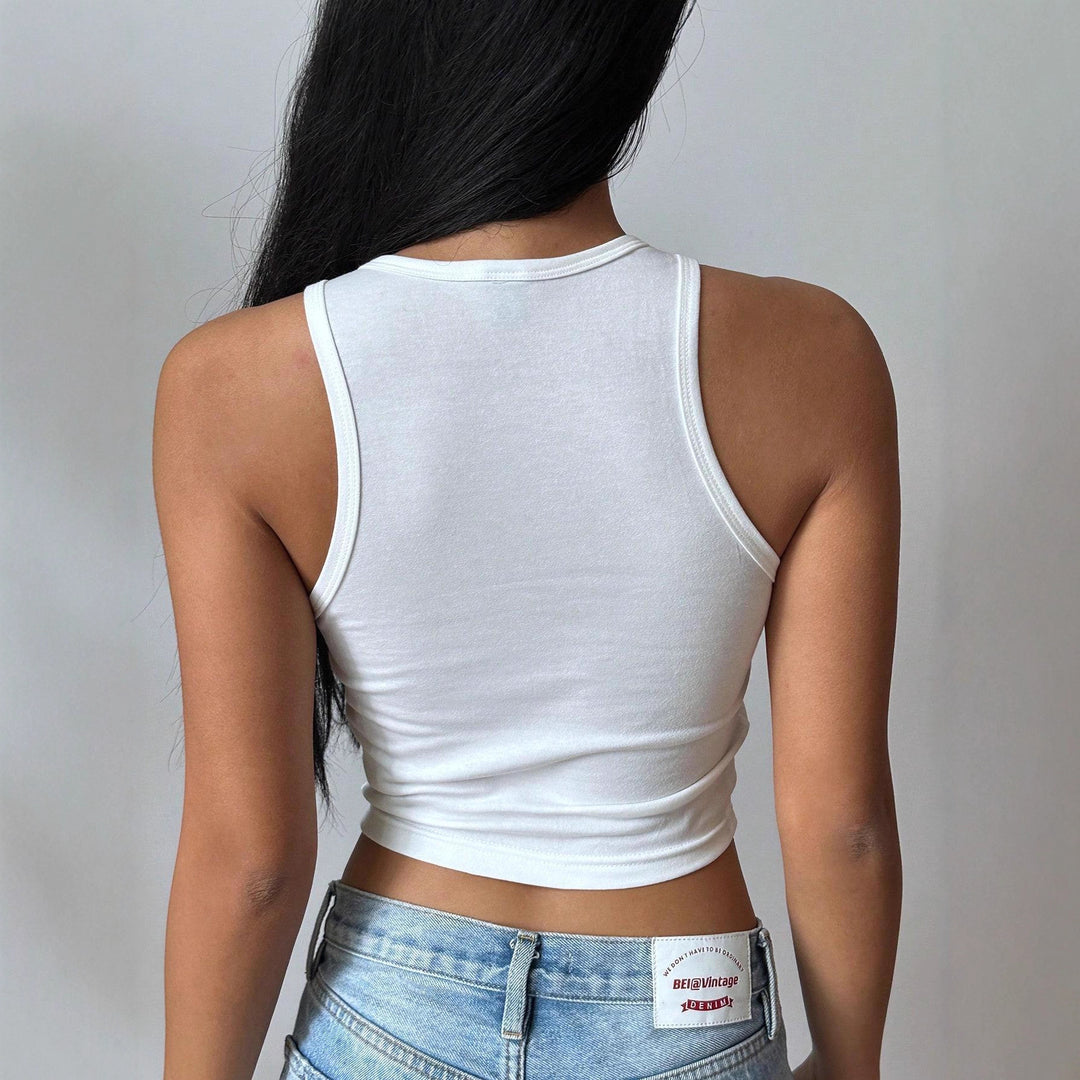 Damen Cropped Tanktop mit kreativem Schriftzug und lebhaftem Design Echo Archiv