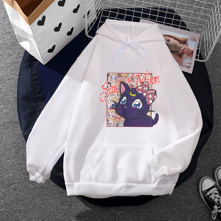 Damen Oversize-Kapuzenpullover mit glitzerndem Anime-Katzen-Motiv, Kängurutasche und weichem Fleece-Innenfutter – Auréline