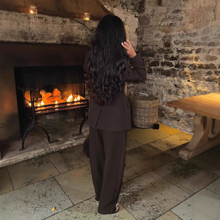 Damen Zweiteiliges maßgeschneidertes Blazer‑Hosen‑Set mit tailliertem Schnitt und weitem Palazzohosenbein – Avérine