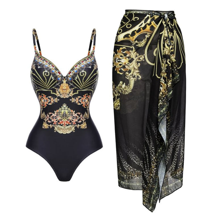 Damen Einteiler Badeanzug mit elegantem Design und passendem Wickeltuch Echo Archiv