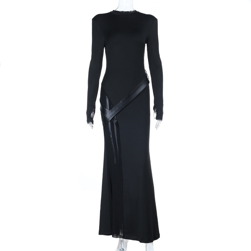 Damen figurbetontes Abend-Maxikleid mit langen Ärmeln und Satin-Detail – Avérine