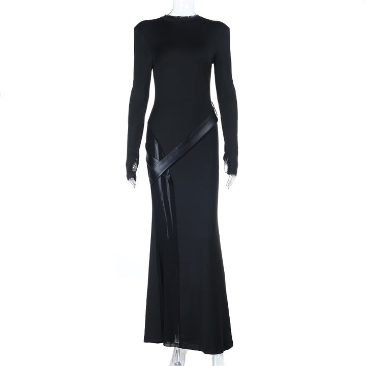 Damen figurbetontes Abend-Maxikleid mit langen Ärmeln und Satin-Detail – Avérine