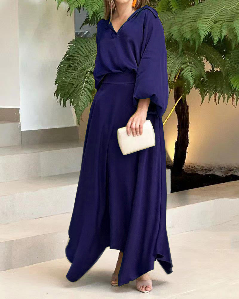Damen Elegantes Maxikleid mit Kapuzen‑V‑Ausschnitt, Ballonärmeln und fließendem Saum Echoarchiv