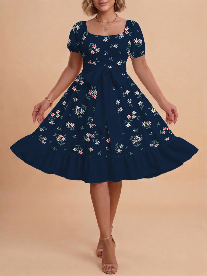 Damen Blumenkleid mit taillierbarem Gürtel und voluminösen Ärmeln Echo Archiv