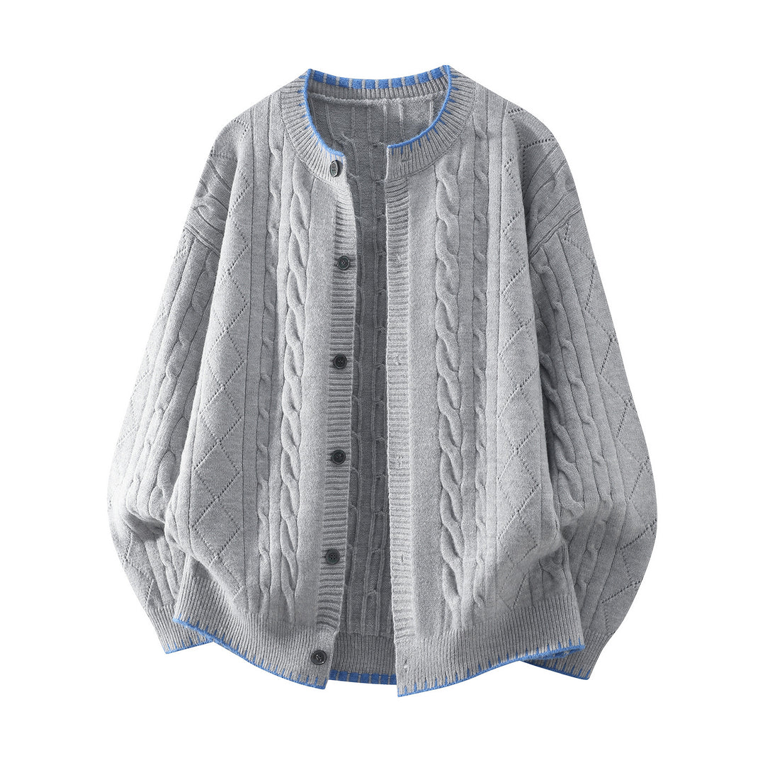 Damen Oversize Zopfmuster-Cardigan mit Rundhalsausschnitt, Ballonärmeln & Kontrastnaht Echoarchiv