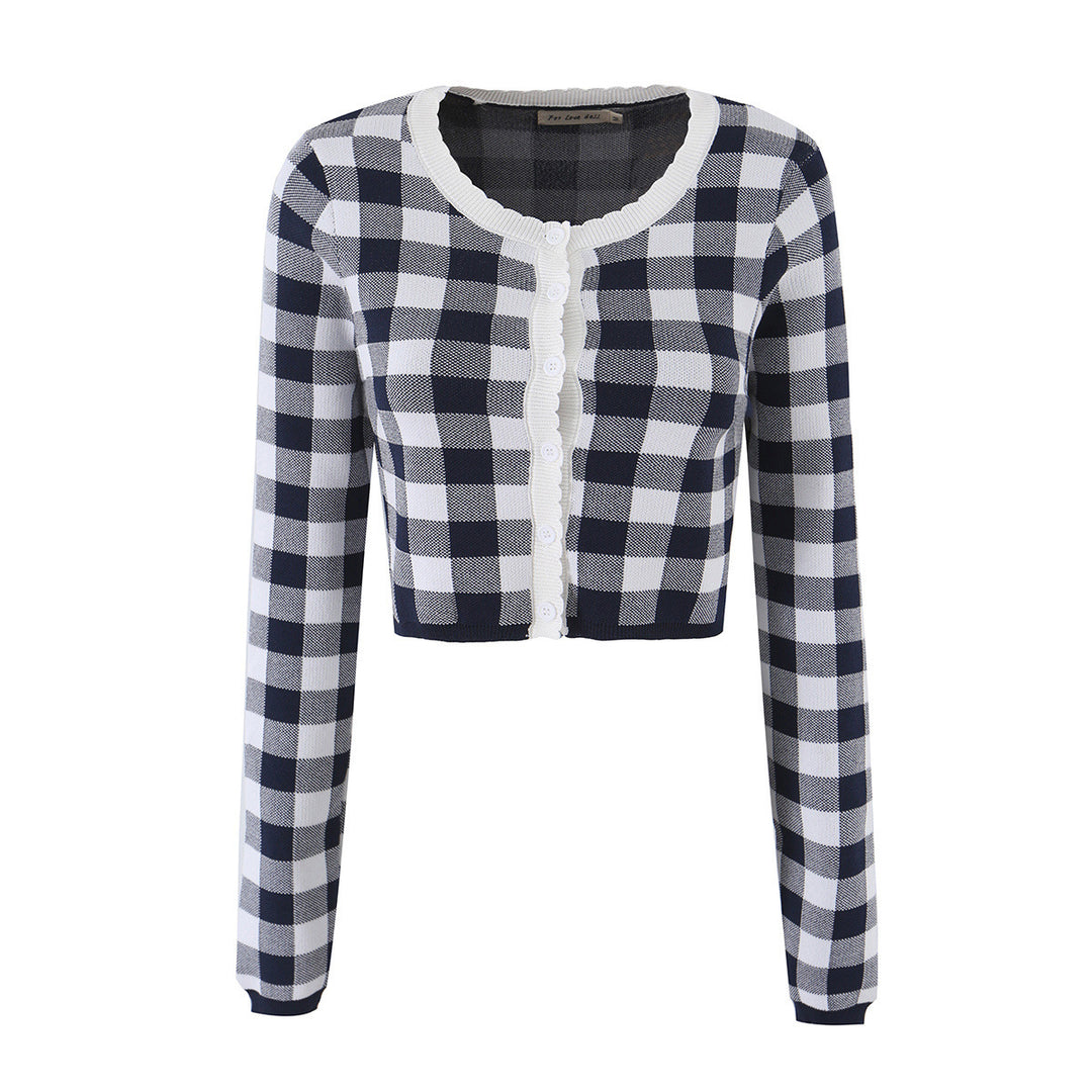 Damen Kurze karierte Feinstrick-Cardigan mit Wellenkante und Perlmuttknöpfen Echo Archiv