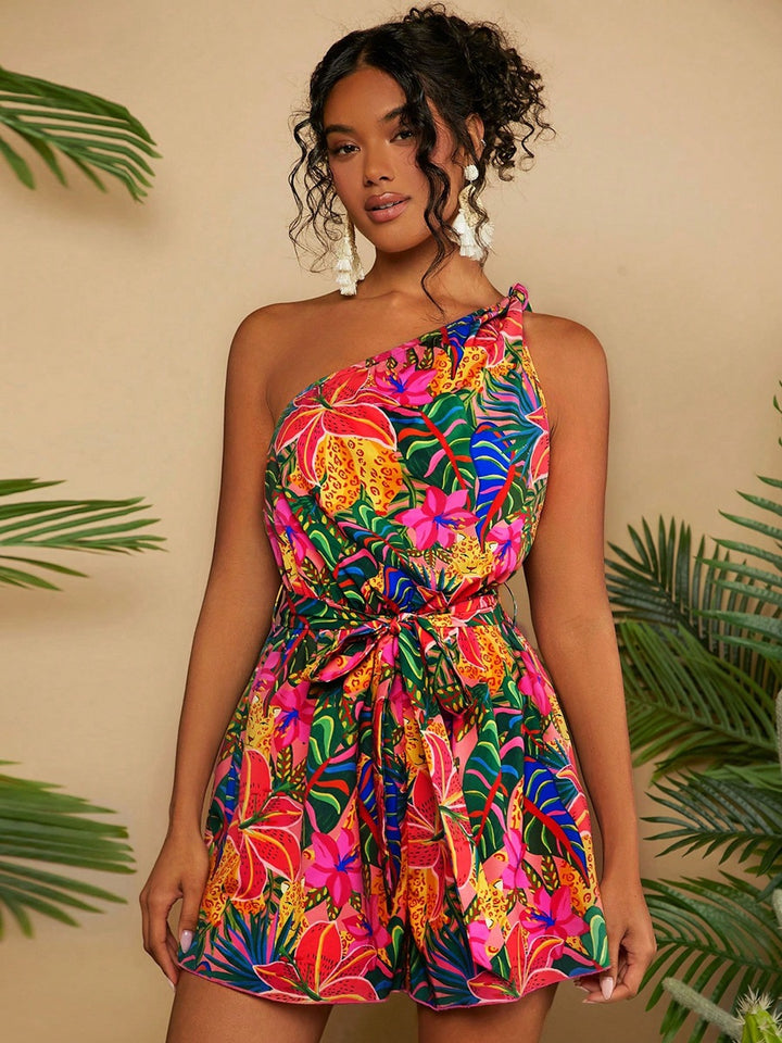 Damen Ein Schulter Playsuit mit floralem Muster und Taillengürtel Echo Archiv