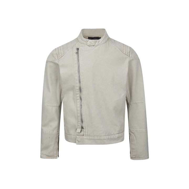 Herren Kurz geschnittener asymmetrischer Canvas-Bikerblouson mit Funnelkragen und Reißverschluss-Detail Echoarchiv