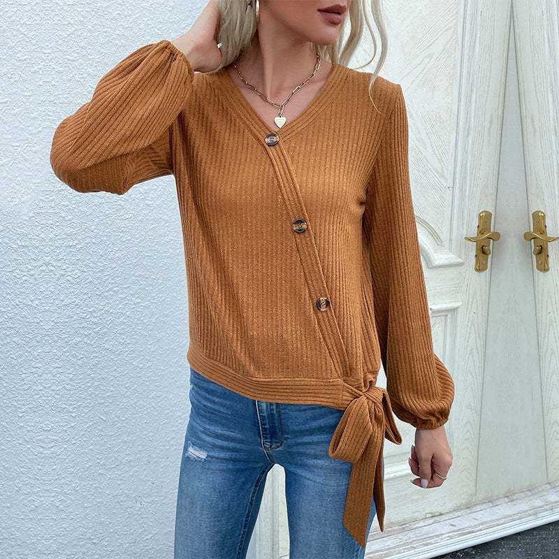 Damen Gerippte Wickel-Strickjacke mit V-Ausschnitt und seitlichem Knotendetail Echoarchiv