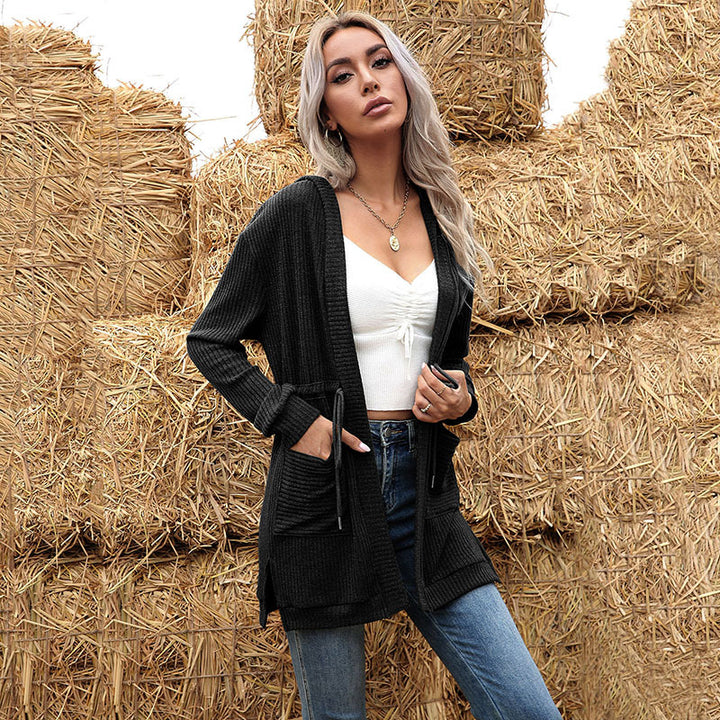 Damen Longline Feinstrickcardigan mit Tunnelzug, Rippstruktur und Eingrifftaschen Echoarchiv