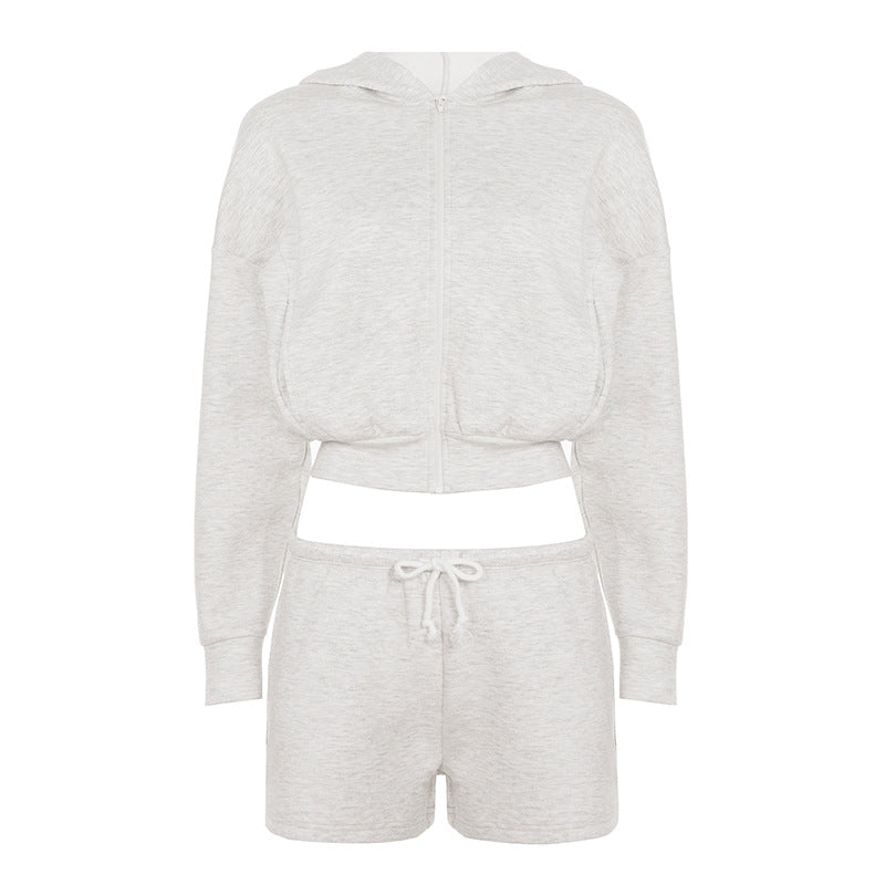 Damen nan kurzes Kapuzen-Hoodie und Drawstring-Shorts Lounge-Set mit durchgehendem Reißverschluss und taillenhohem Bindebund Echo Archiv