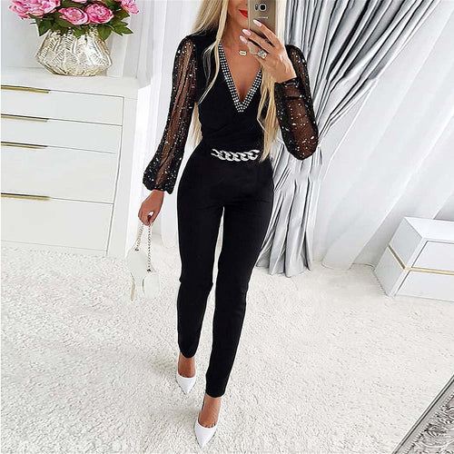 Jumpsuit Slim Passform V-Ausschnitt mit Diamantdetails Schnittärmel Kettengürtel – Solévia