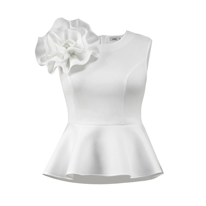 Damen elegantes Oberteil mit femininem Rüschensaum und auffälligem Blumenapplikation Echo Archiv