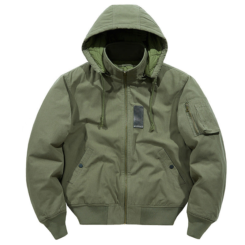 Herren Canvas-Field-Bomberjacke mit Kapuze, Utility-Ärmeltasche und geripptem Saum – Brevano