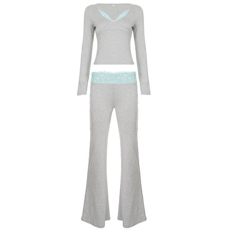 Damen nan Lounge-Set mit Spitzenbund, V-Ausschnitt und ausgestellter Schlaghose Echo Archiv