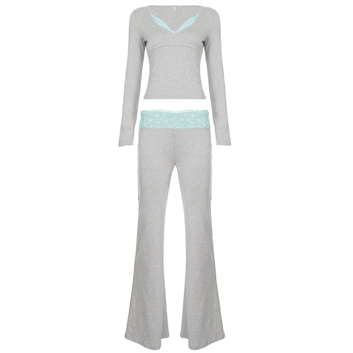 Damen nan Lounge-Set mit Spitzenbund, V-Ausschnitt und ausgestellter Schlaghose Echo Archiv