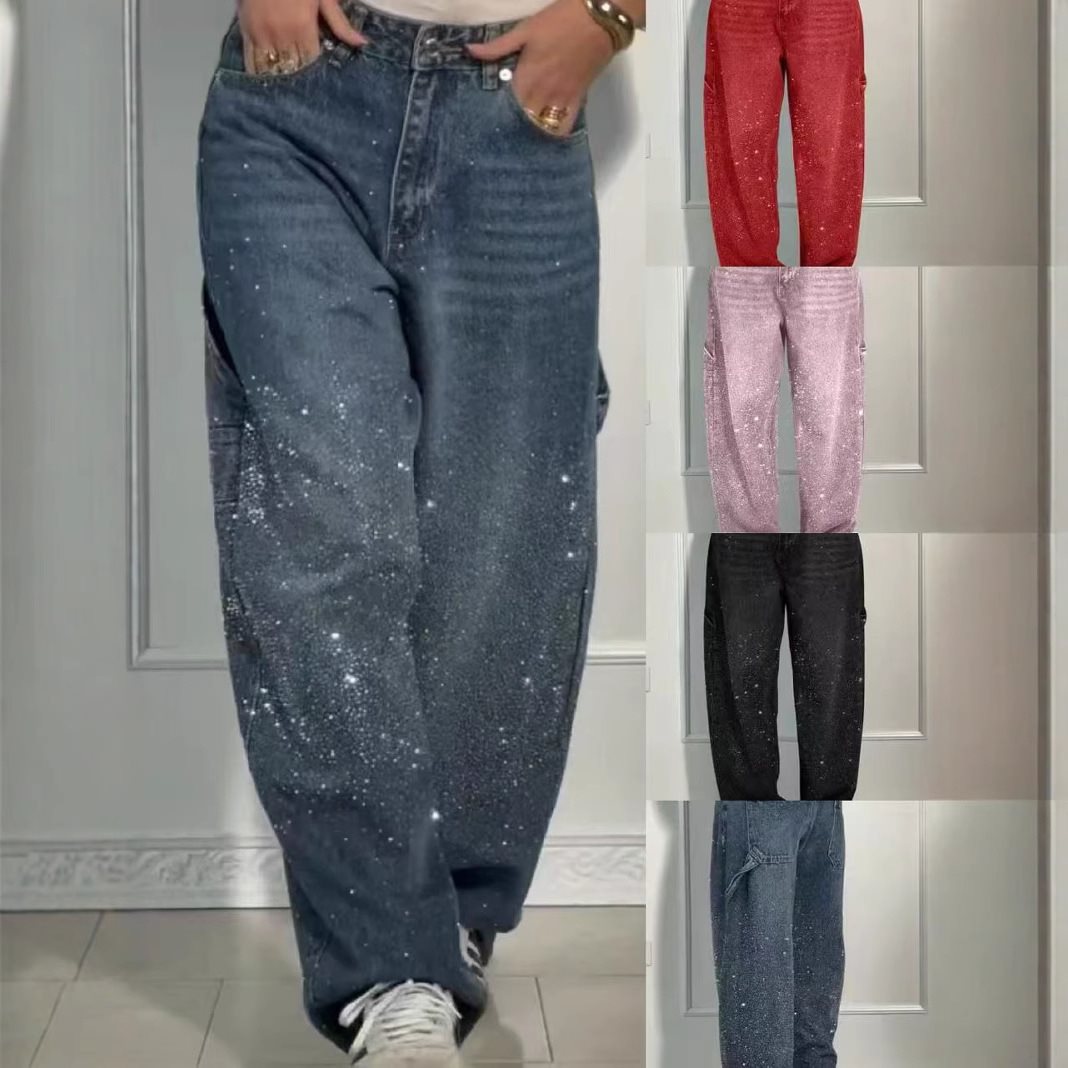 Damen High-Waist Jeans im weiten Cargo-Schnitt mit funkelndem Strassbesatz Echo Archiv