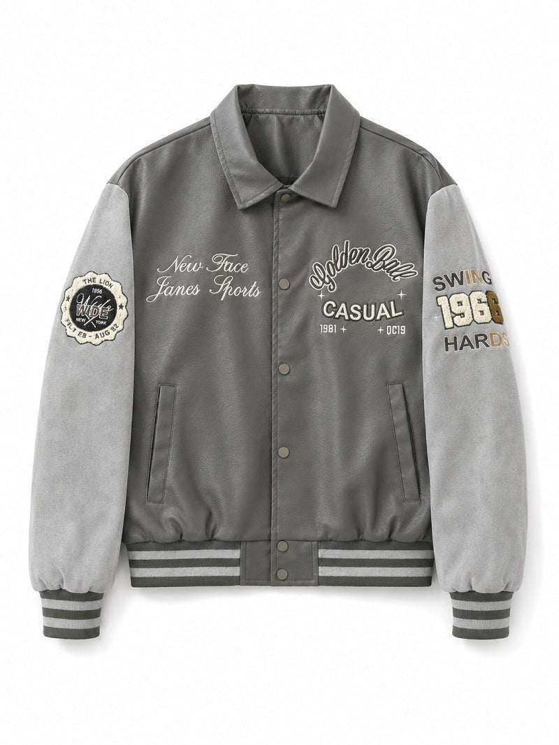 Herren Varsity-Bomberjacke im College-Stil mit Kunstleder-Körper, Veloursleder-Optikärmeln und bestickten Patches Echo Archiv