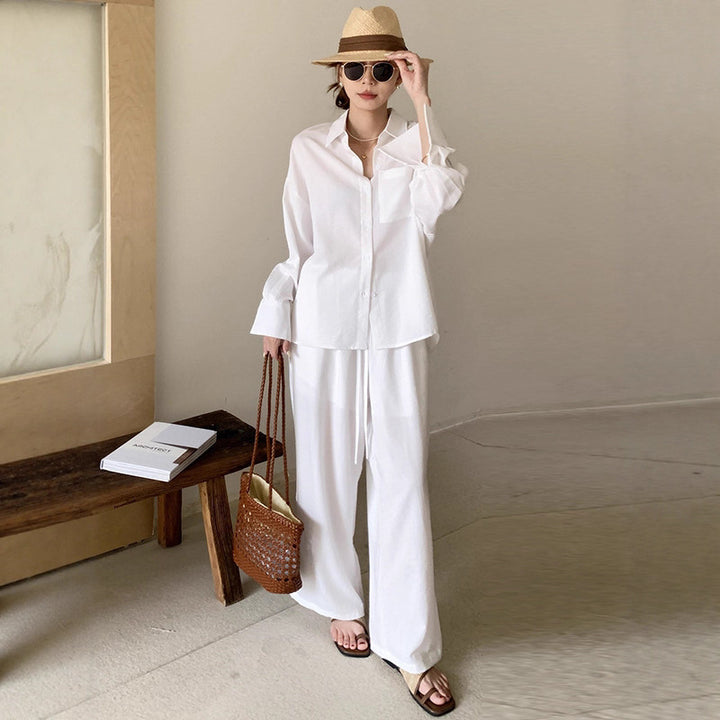 Damen Zweiteiliges Leichtes Loungewear-Set mit Oversize-Hemd und weiter Kordelbund-Hose – Élanora