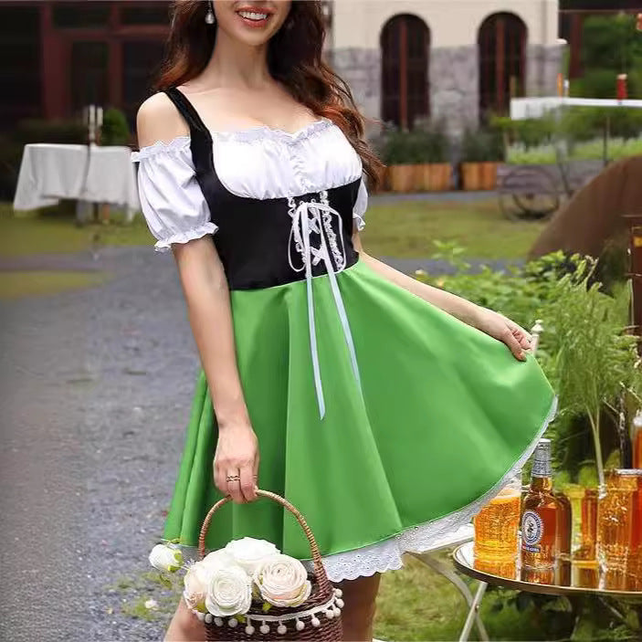 Damen nan schulterfreies Dirndlkleid mit geschnürter Korsage, Puffärmeln und Spitzenunterrock Echo Archiv