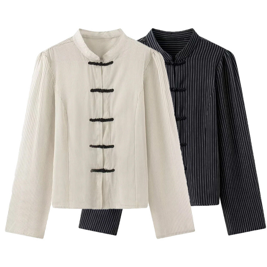 Damen taillierte chinesisch inspirierte Jacke mit Stehkragen und Zierknotenverschlüssen – Célinea