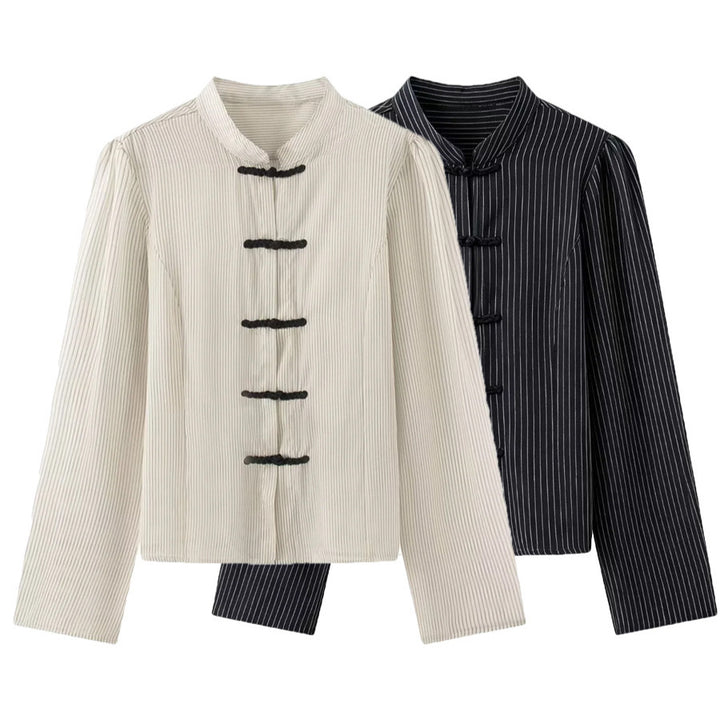 Damen taillierte chinesisch inspirierte Jacke mit Stehkragen und Zierknotenverschlüssen – Célinea