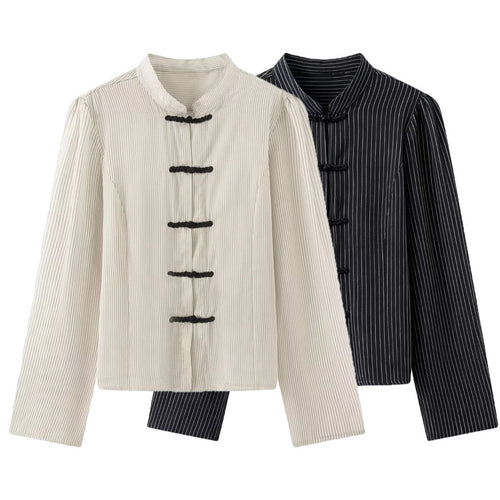 Damen taillierte chinesisch inspirierte Jacke mit Stehkragen und Zierknotenverschlüssen – Célinea