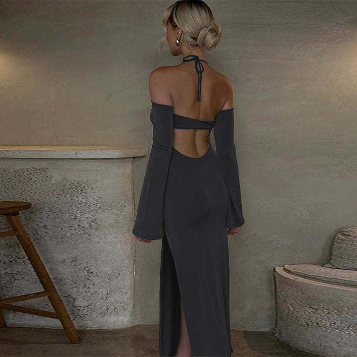 Damen langes Abendkleid mit Neckholder und schulterfreiem Bell-Ärmel, figurbetonter Taillenraffung und hohem seitlichem Beinschlitz – Valéora