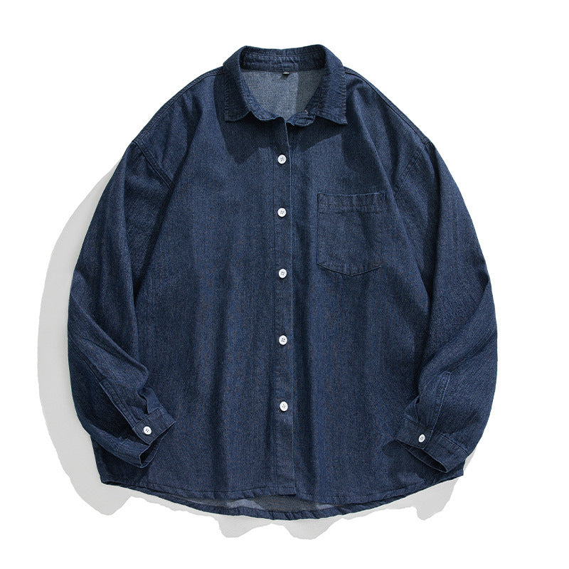 Unisex Lockeres Denim-Overhemd mit Brusttasche, gerundetem Saum und durchgehender Knopfleiste Echo Archiv
