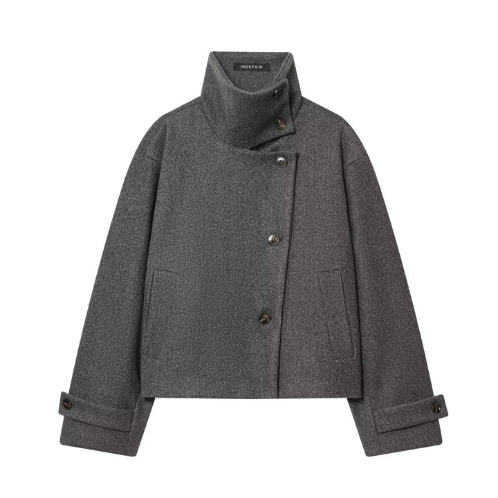 Damen Kurze Boxy-Wollmix-Jacke mit Stehkragen und aufgesetzten Pattentaschen Echoarchiv