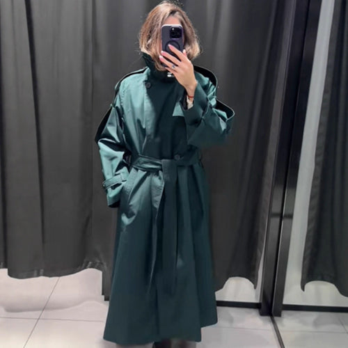 Damen Langer wasserabweisender Trenchcoat mit Taillengürtel und hohem Stehkragen Echoarchiv