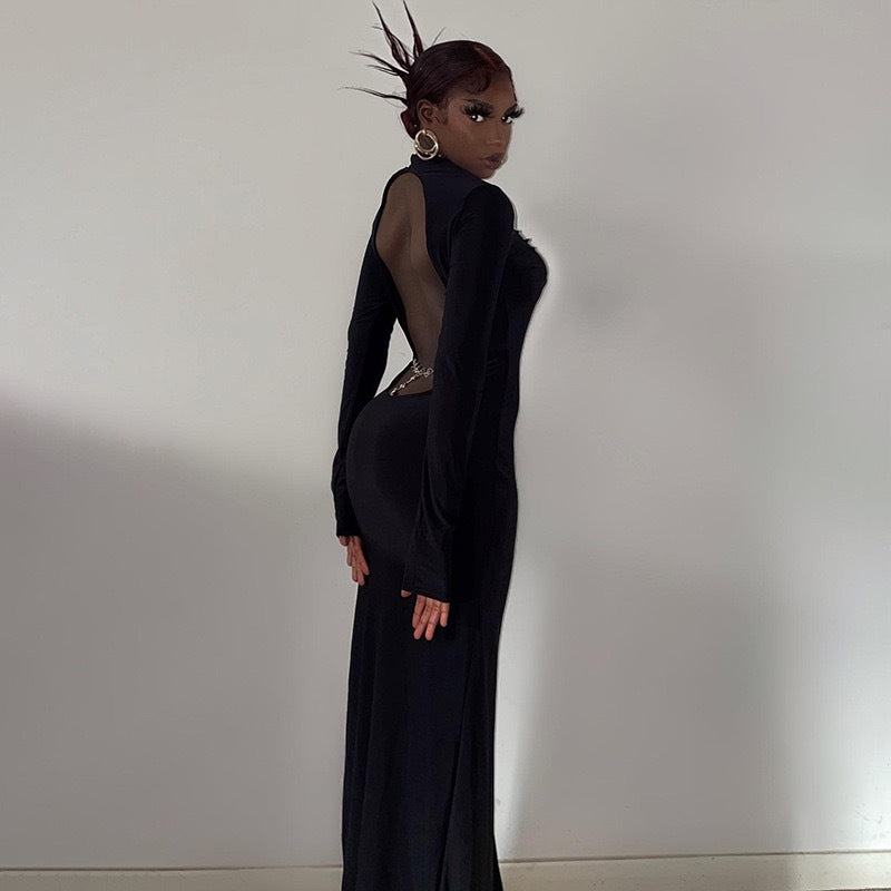 Damen Rückenfreies Maxikleid mit eleganter Rückenansicht und transparenten Ärmeln Echo Archiv