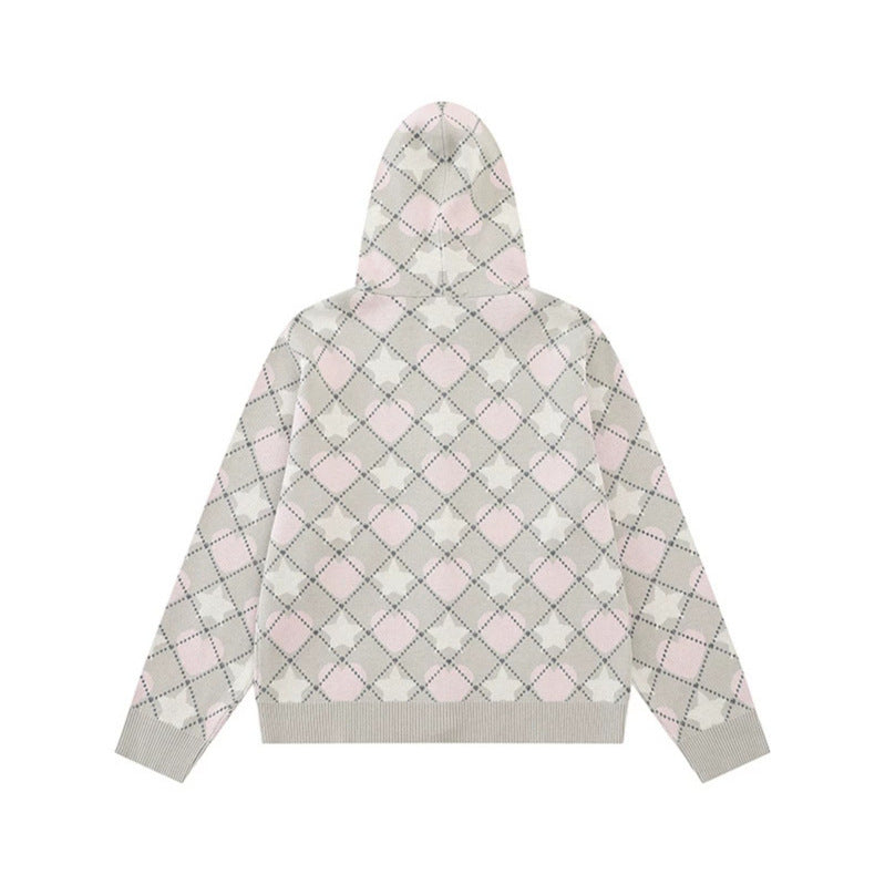 Damen Strick-Kapuzenjacke mit Rautenjacquard und Knopfleiste Echoarchiv