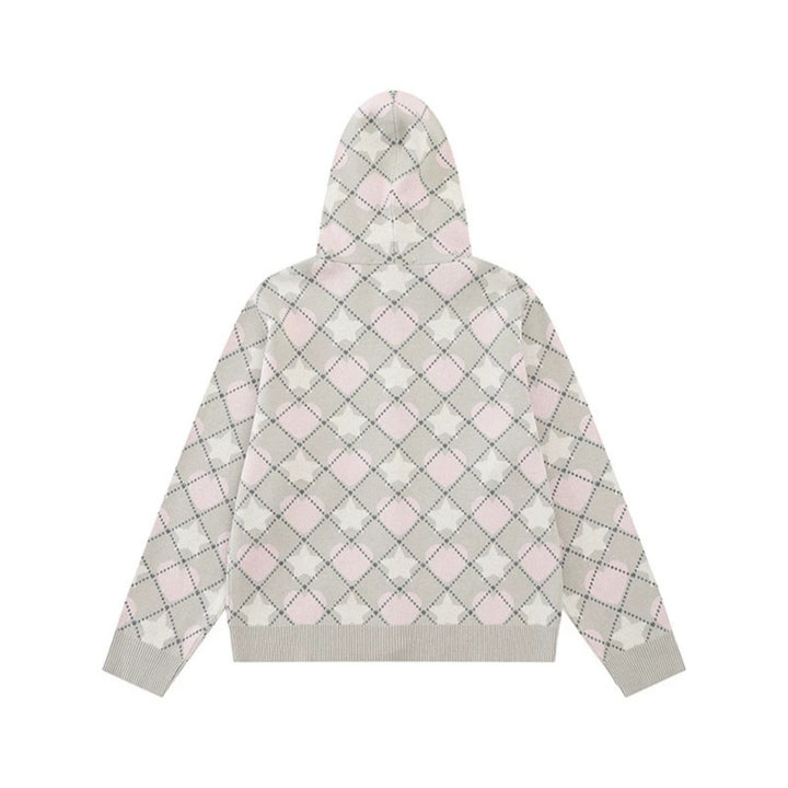 Damen Strick-Kapuzenjacke mit Rautenjacquard und Knopfleiste Echoarchiv
