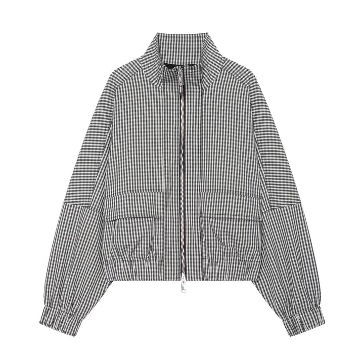 Damen Kariertes Cropped-Blouson mit Stehkragen, Reißverschluss und elastischem Saum Echo Archiv