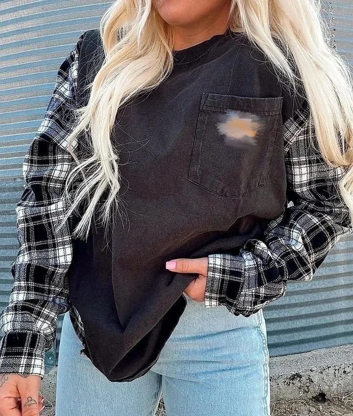 Damen nan Oversize-Sweatshirt im Materialmix mit Karoärmeln und aufgesetzter Brusttasche Echo Archiv