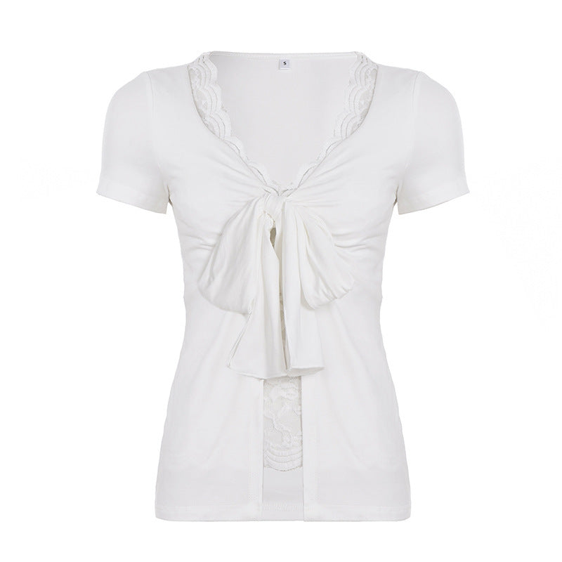 Damen Kurzarmbluse mit verspieltem Schleifen-Design und feinen Spitzenakzenten Echo Archiv