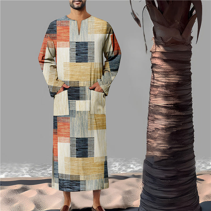 Herren Baumwoll-Kaftan mit modernem geometrischem Muster und praktischen Taschen Echoarchiv