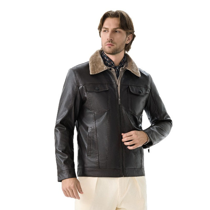Herren Elegante Lederjacke mit Fleece-Kragen Echoarchiv