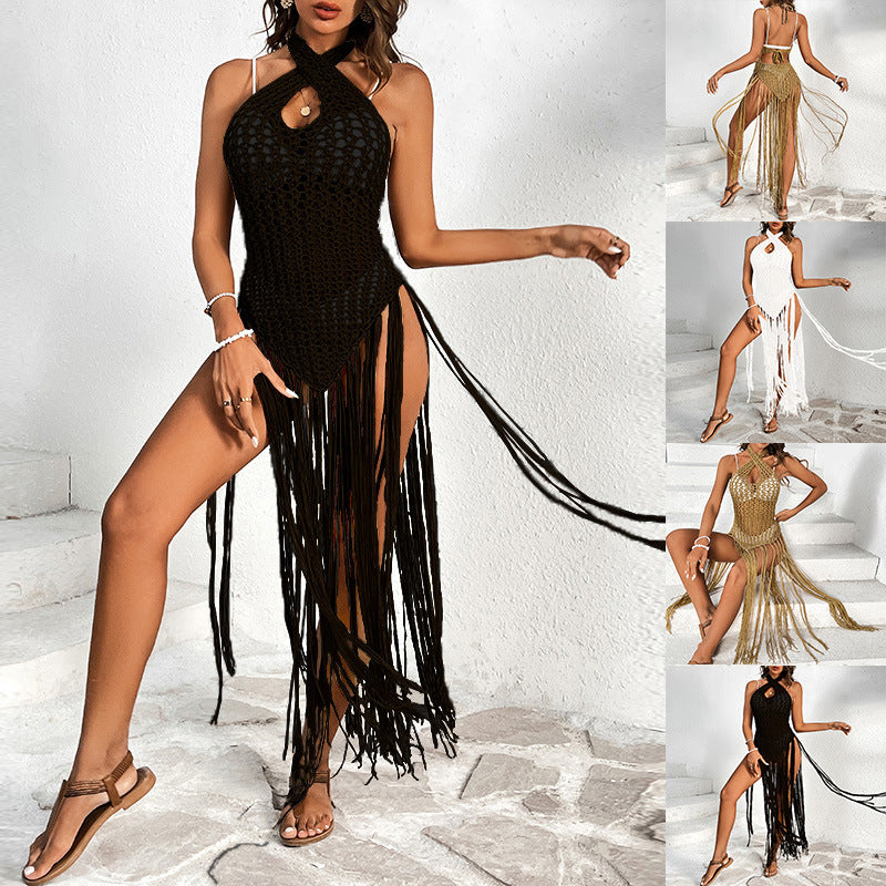 Damen Häkel-Strandkleid mit fransigen Akzenten und einzigartigem Rückenausschnitt Echo Archiv