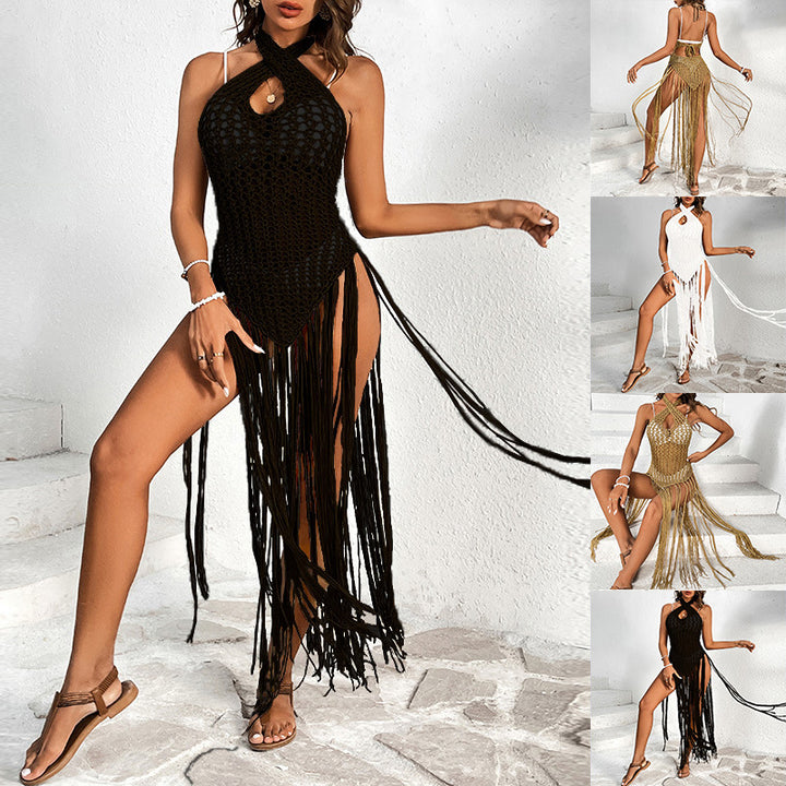 Damen Häkel-Strandkleid mit fransigen Akzenten und einzigartigem Rückenausschnitt Echo Archiv