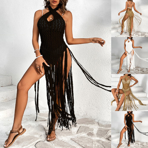 Damen Häkel-Strandkleid mit fransigen Akzenten und einzigartigem Rückenausschnitt Echo Archiv