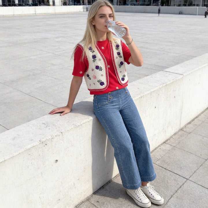 Damen Bestickte Kurz-Weste im Boho‑Chic mit floralen Applikationen Echoarchiv