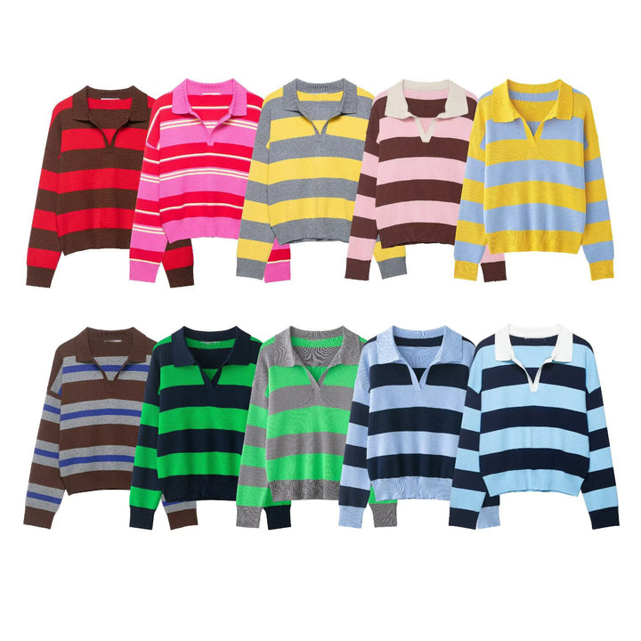 Damen Gestreifter Rugby-Polo-Pullover mit V-Notch und Cropped-Saum Echo Archiv