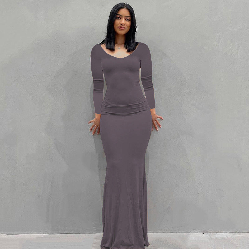 Damen Körperbetontes Maxi‑Jerseykleid mit taillierter Drapierung, langen Ärmeln und ausgestelltem Saum – Valéora